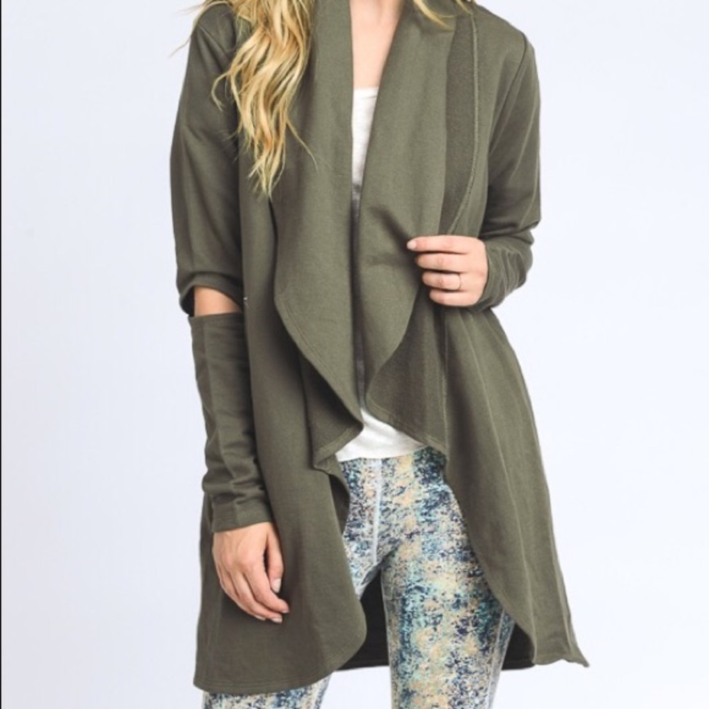 Olive Open Front Cardigan With Cutout Sleeve - Picture 3 of 6